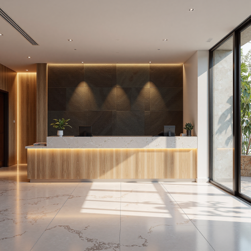 教育培训机构前台接待区域，装修温馨，学生和老师正在交流