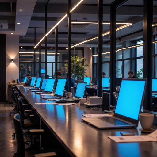 电商公司办公区域，开放式工位，员工正在电脑前工作