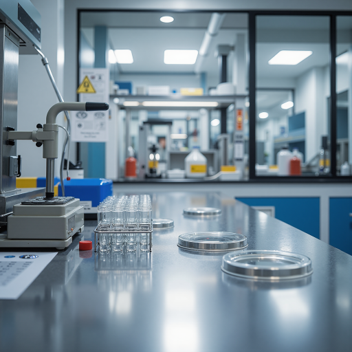 医疗设备公司实验室，科研人员正在测试设备，环境整洁专业