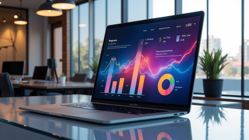 数字营销服务展示，电脑屏幕显示数据分析图表，现代化办公环境